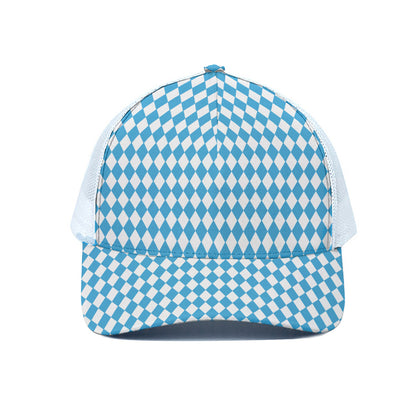 Blue And White Harlequin Pattern Print White Mesh Trucker Cap