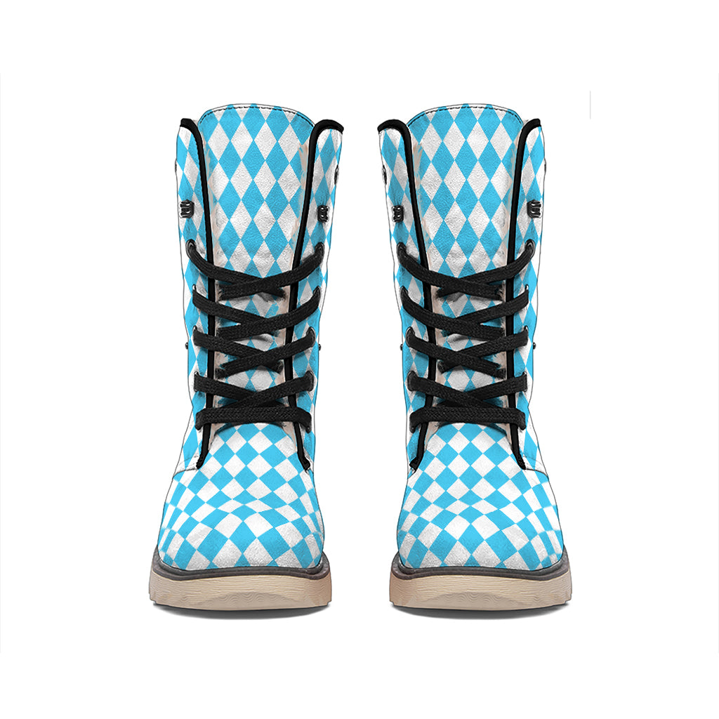 Blue And White Harlequin Pattern Print Winter Boots