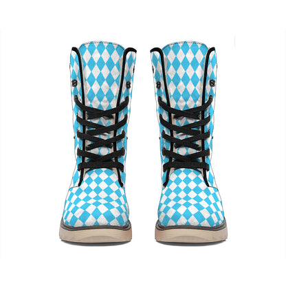 Blue And White Harlequin Pattern Print Winter Boots