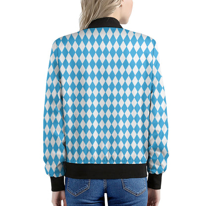 Blue And White Harlequin Pattern Print Women's Bomber Jacket