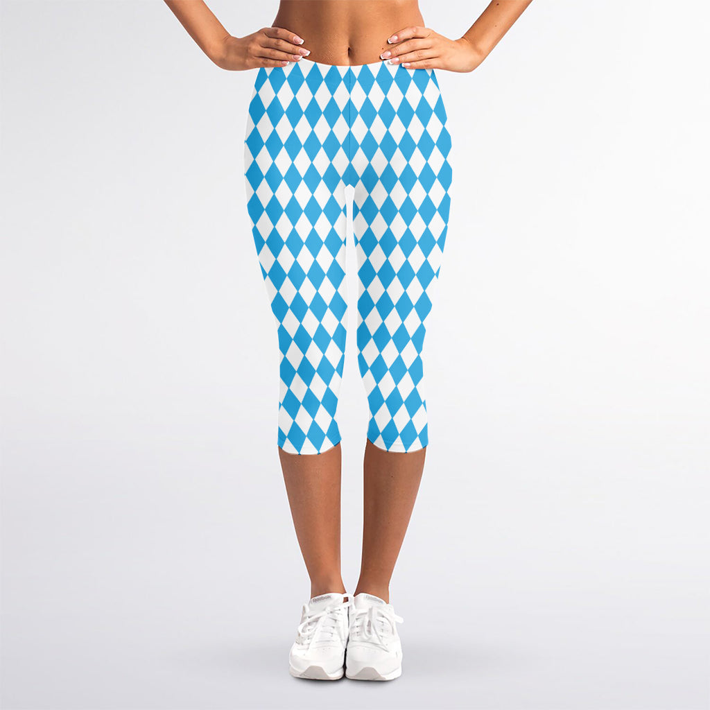 Blue And White Harlequin Pattern Print Women's Capri Leggings