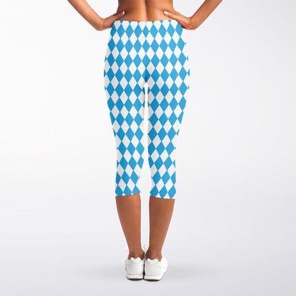 Blue And White Harlequin Pattern Print Women's Capri Leggings