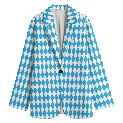 Blue And White Harlequin Pattern Print Women's Cotton Blazer