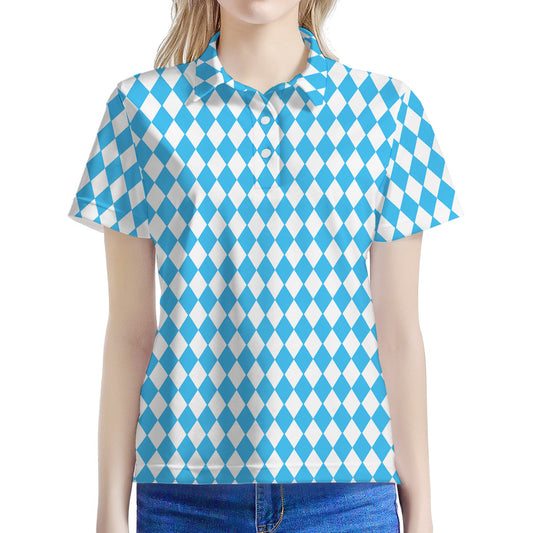 Blue And White Harlequin Pattern Print Women's Polo Shirt
