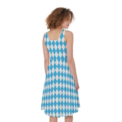 Blue And White Harlequin Pattern Print Women's Sleeveless Dress