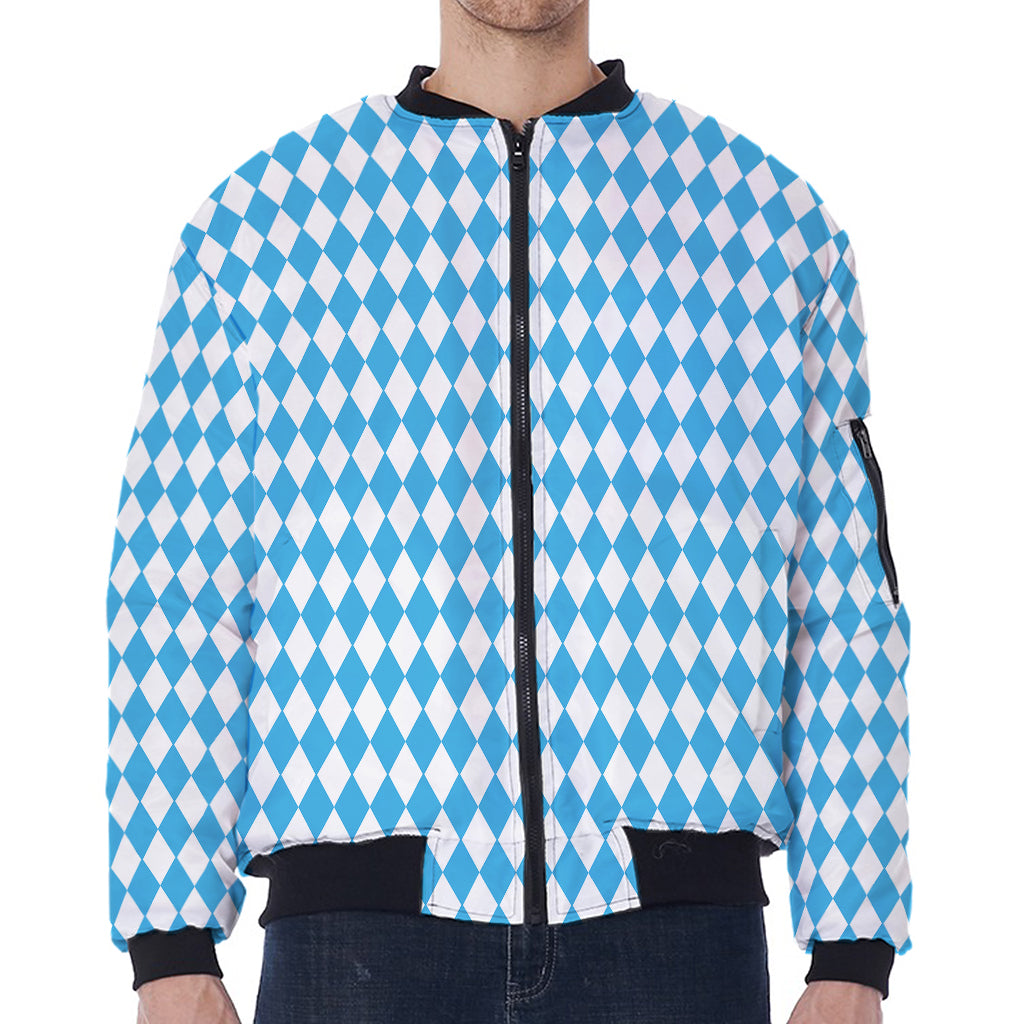 Blue And White Harlequin Pattern Print Zip Sleeve Bomber Jacket