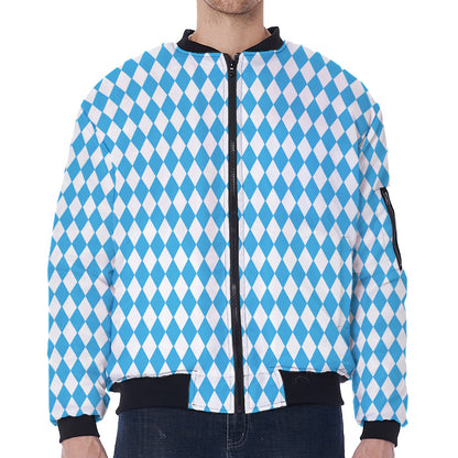 Blue And White Harlequin Pattern Print Zip Sleeve Bomber Jacket