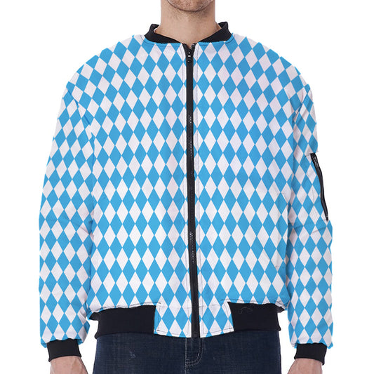 Blue And White Harlequin Pattern Print Zip Sleeve Bomber Jacket