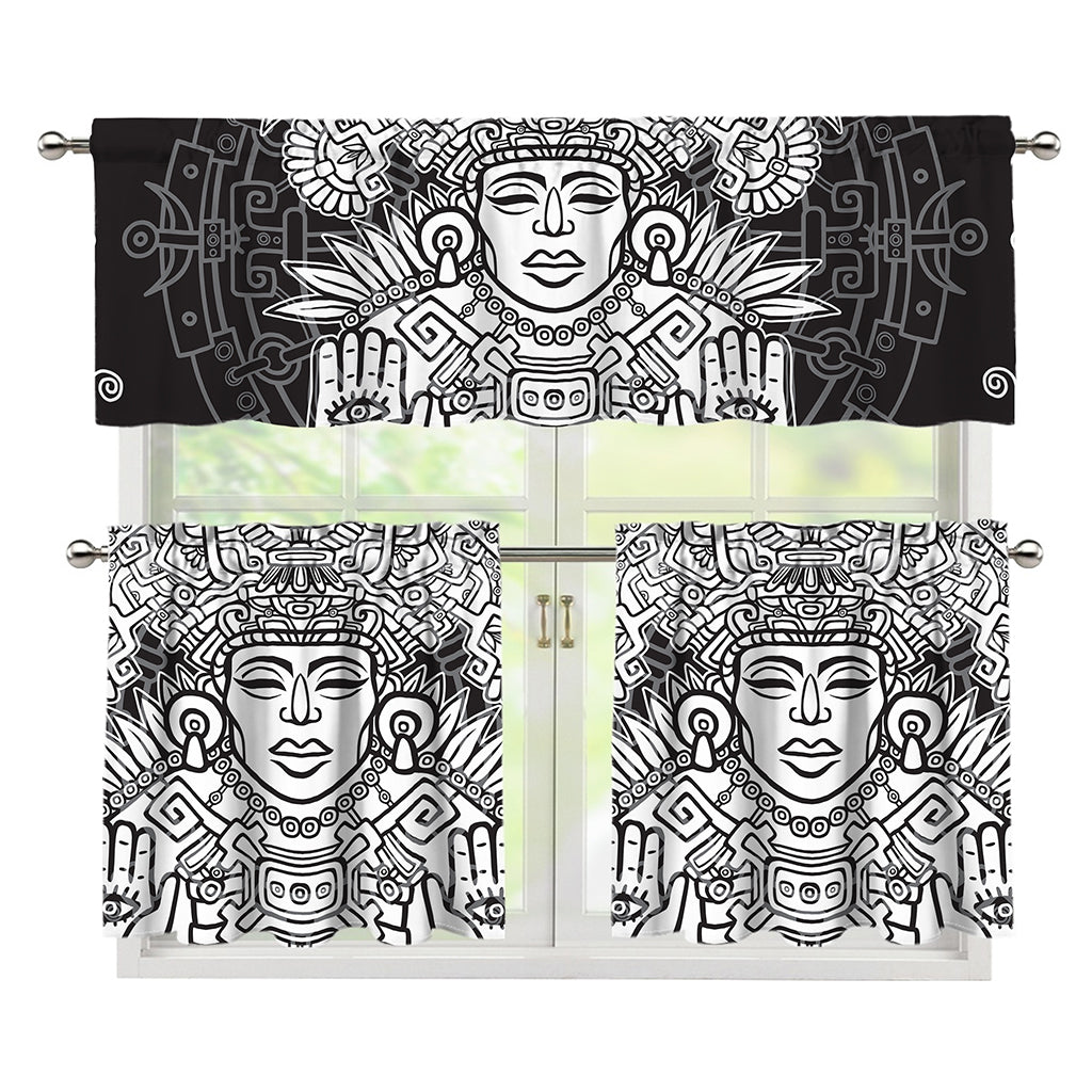 Blue And White Mayan Statue Print 3 Piece Kitchen Curtains