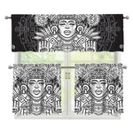 Blue And White Mayan Statue Print 3 Piece Kitchen Curtains