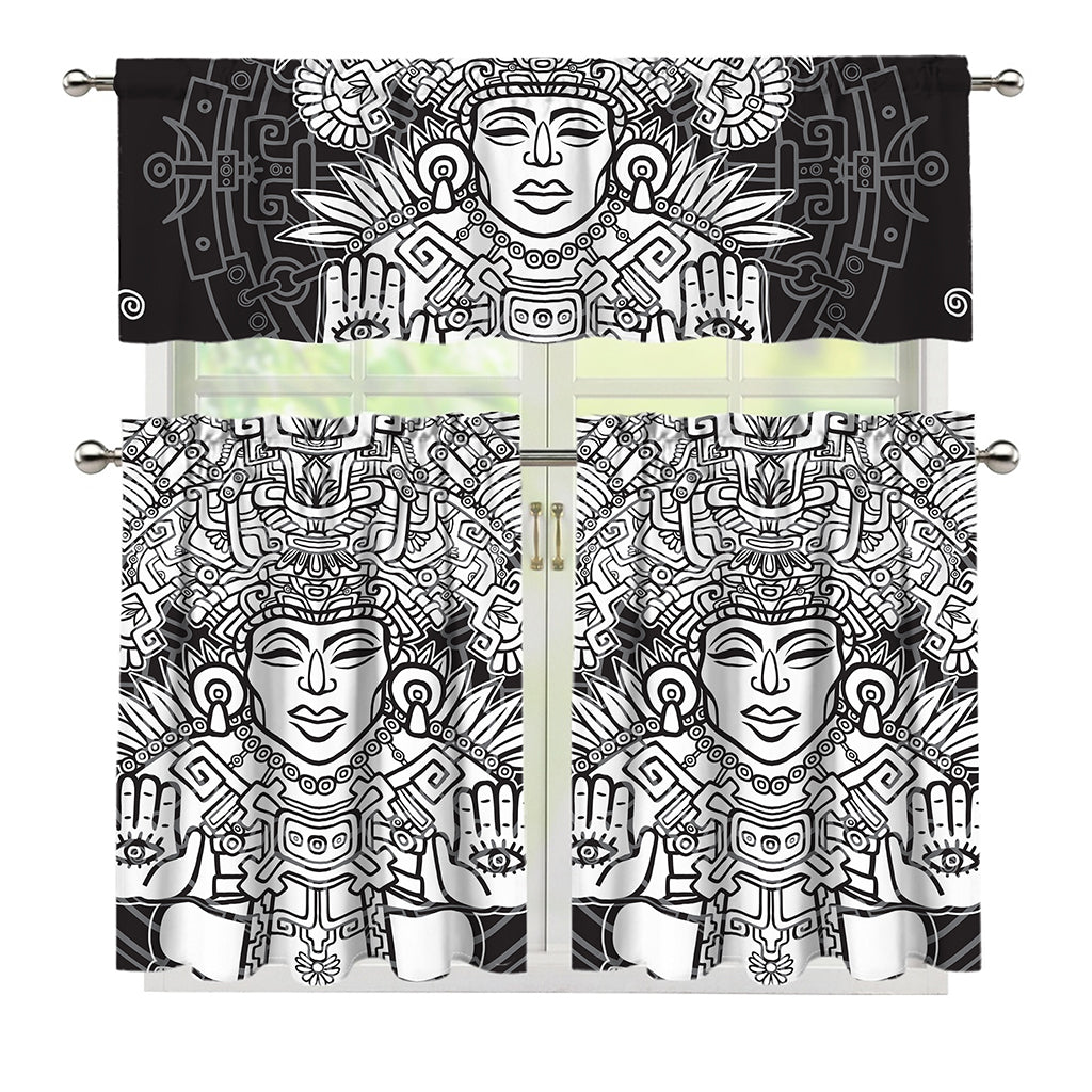 Blue And White Mayan Statue Print 3 Piece Kitchen Curtains