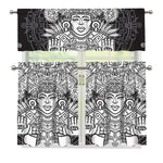 Blue And White Mayan Statue Print 3 Piece Kitchen Curtains