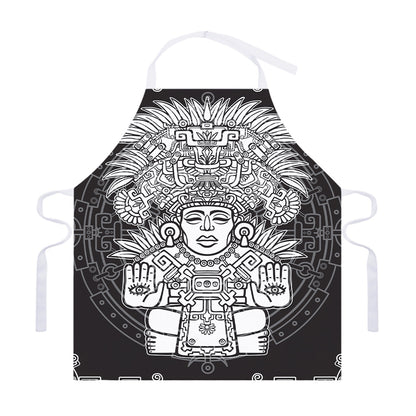 Blue And White Mayan Statue Print Adjustable Apron