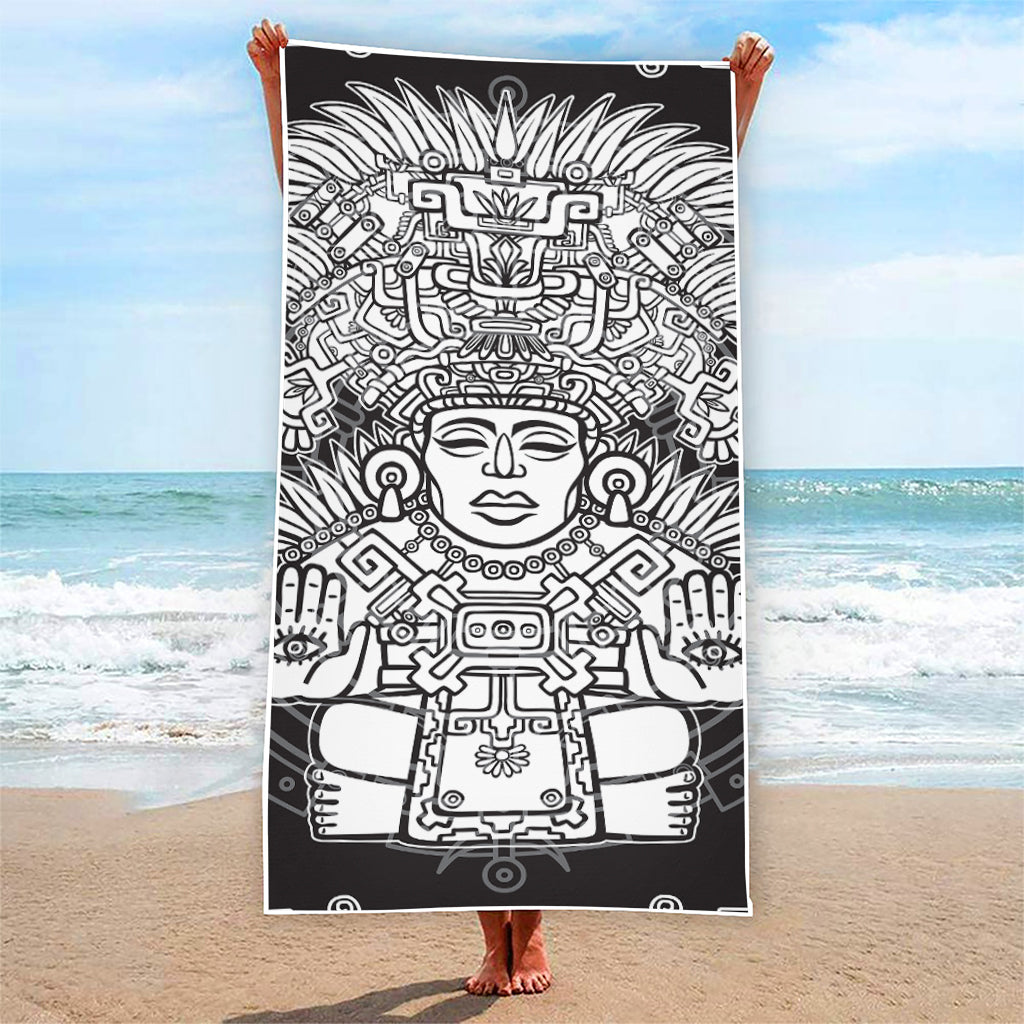 Blue And White Mayan Statue Print Beach Towel