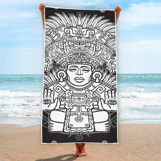 Blue And White Mayan Statue Print Beach Towel