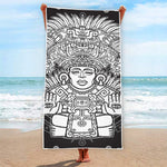 Blue And White Mayan Statue Print Beach Towel