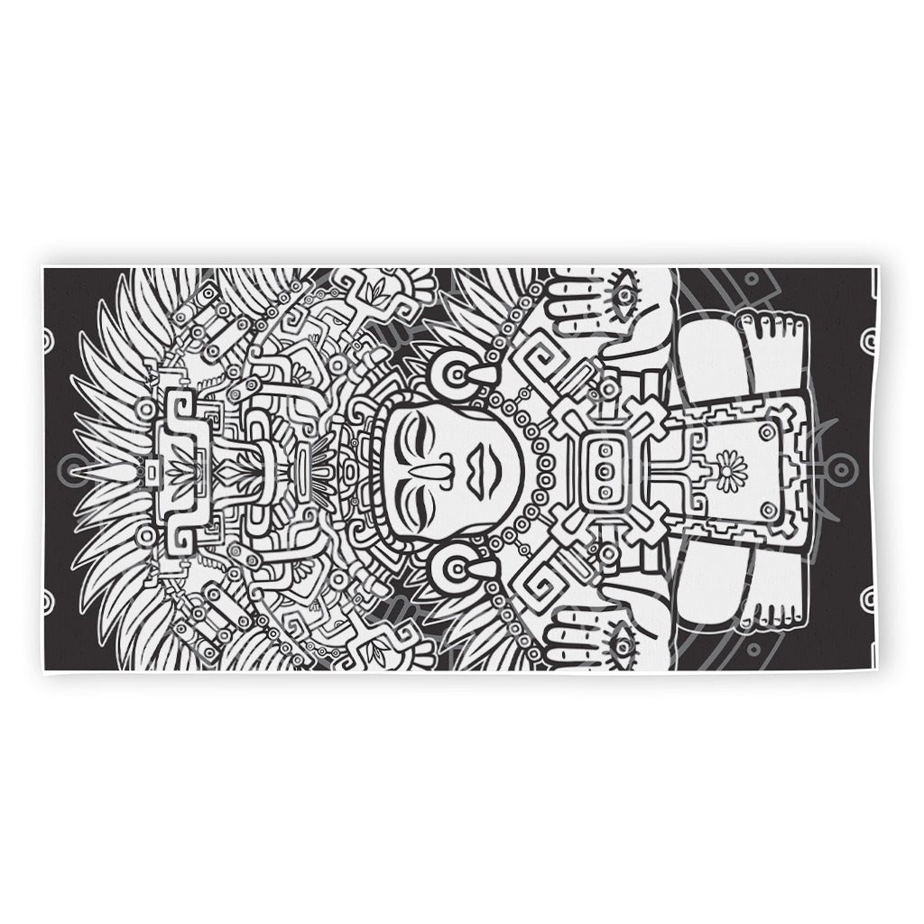 Blue And White Mayan Statue Print Beach Towel