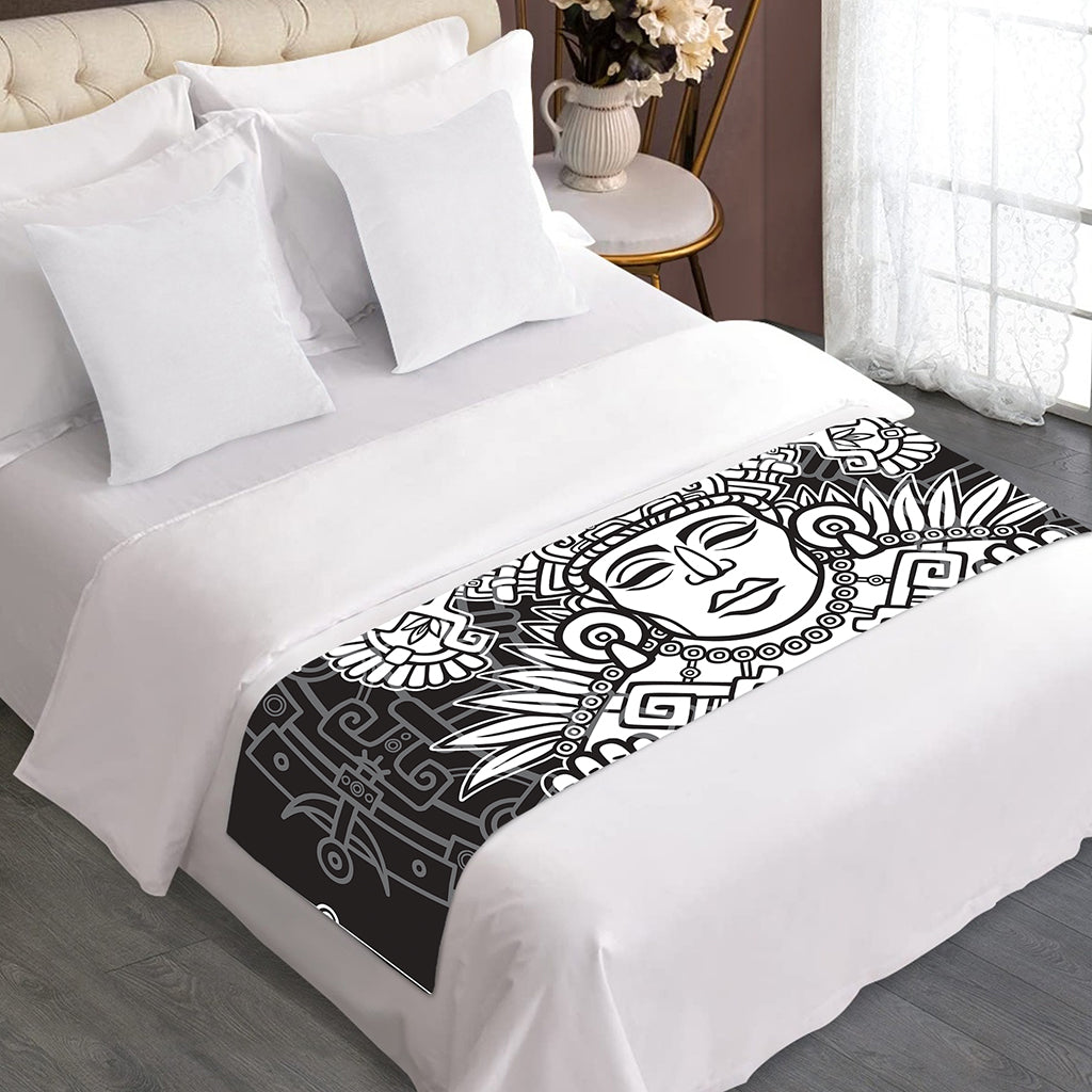 Blue And White Mayan Statue Print Bed Runner