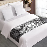 Blue And White Mayan Statue Print Bed Runner