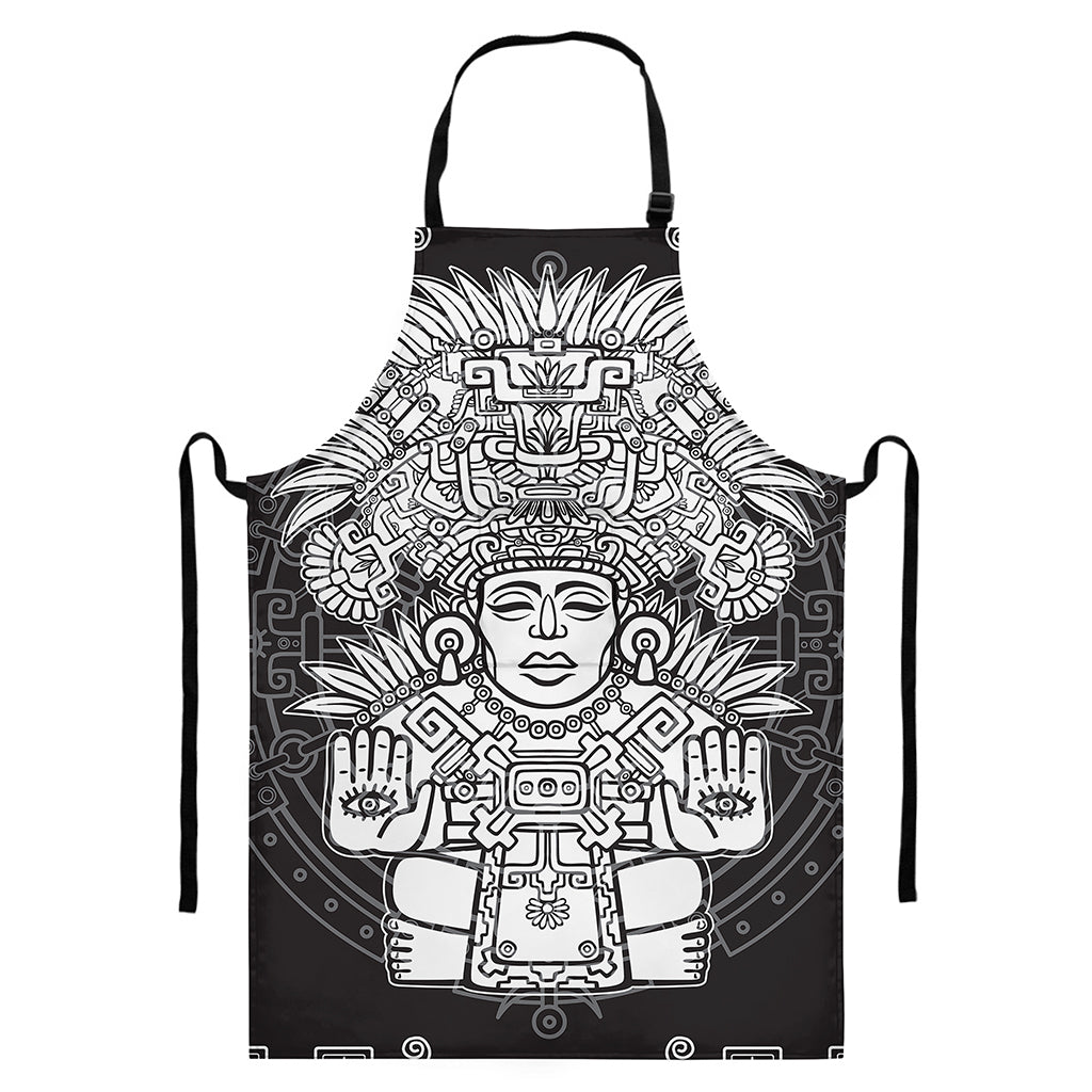 Blue And White Mayan Statue Print Bib Apron With Pocket