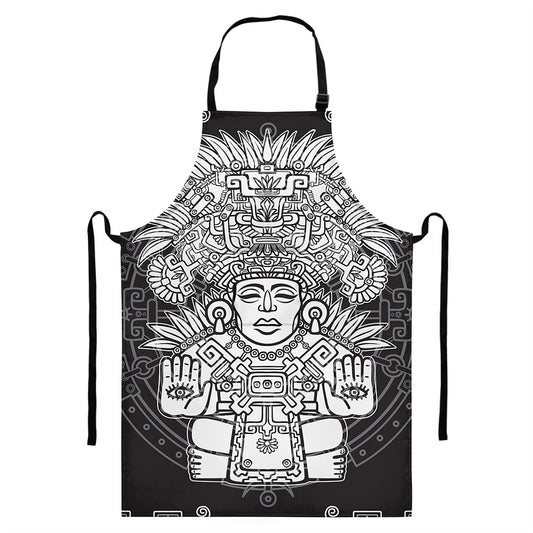 Blue And White Mayan Statue Print Bib Apron With Pocket