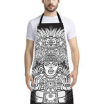 Blue And White Mayan Statue Print Bib Apron With Pocket
