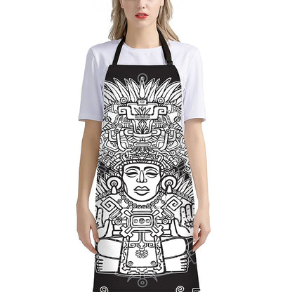 Blue And White Mayan Statue Print Bib Apron With Pocket