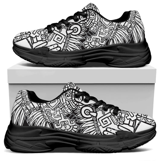 Blue And White Mayan Statue Print Black Chunky Shoes
