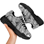 Blue And White Mayan Statue Print Black Chunky Shoes