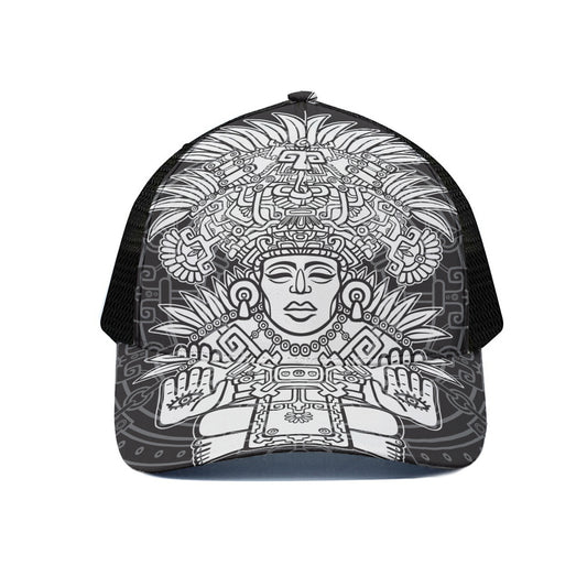 Blue And White Mayan Statue Print Black Mesh Trucker Cap