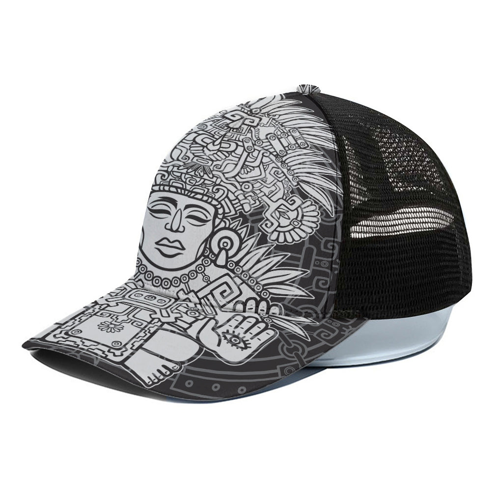 Blue And White Mayan Statue Print Black Mesh Trucker Cap