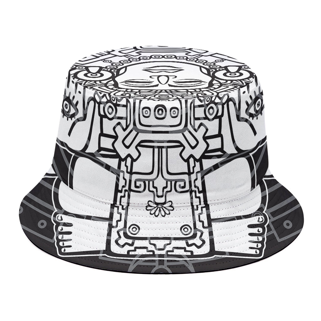 Blue And White Mayan Statue Print Bucket Hat