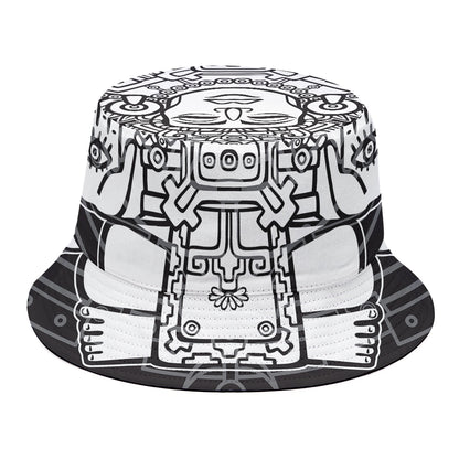 Blue And White Mayan Statue Print Bucket Hat
