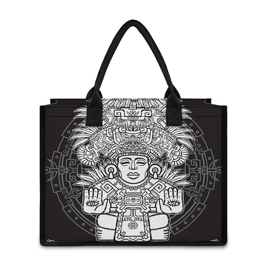Blue And White Mayan Statue Print Canvas Tote Bag