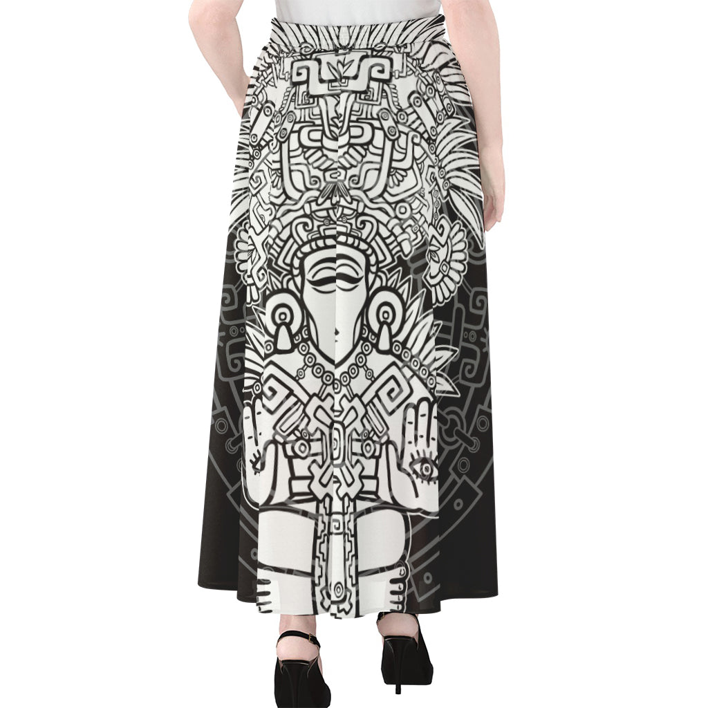 Blue And White Mayan Statue Print Chiffon Maxi Skirt