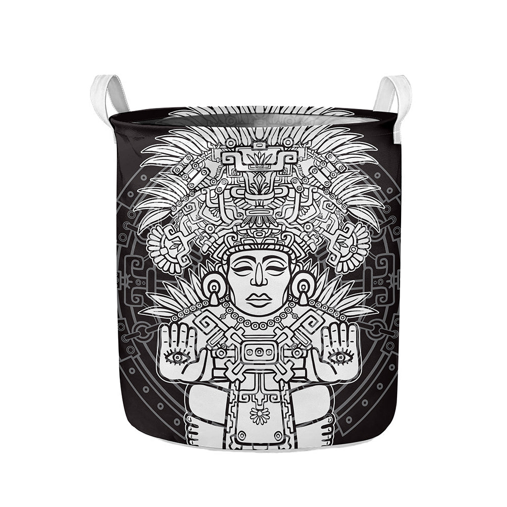 Blue And White Mayan Statue Print Collapsible Laundry Basket