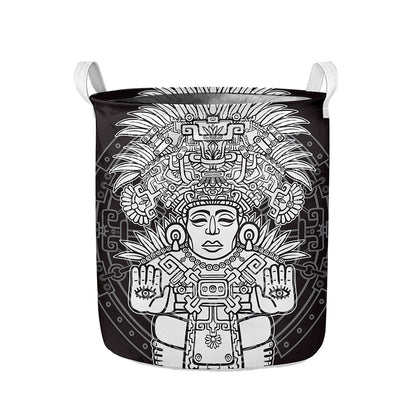Blue And White Mayan Statue Print Collapsible Laundry Basket