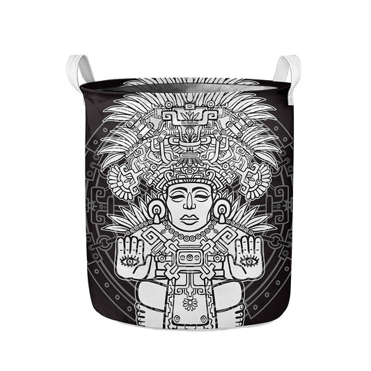 Blue And White Mayan Statue Print Collapsible Laundry Basket