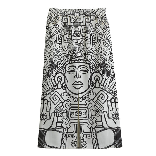 Blue And White Mayan Statue Print Cotton Front Slit Maxi Skirt