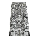 Blue And White Mayan Statue Print Cotton Front Slit Maxi Skirt