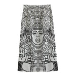 Blue And White Mayan Statue Print Cotton Front Slit Maxi Skirt