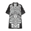 Blue And White Mayan Statue Print Cotton Hawaiian Shirt