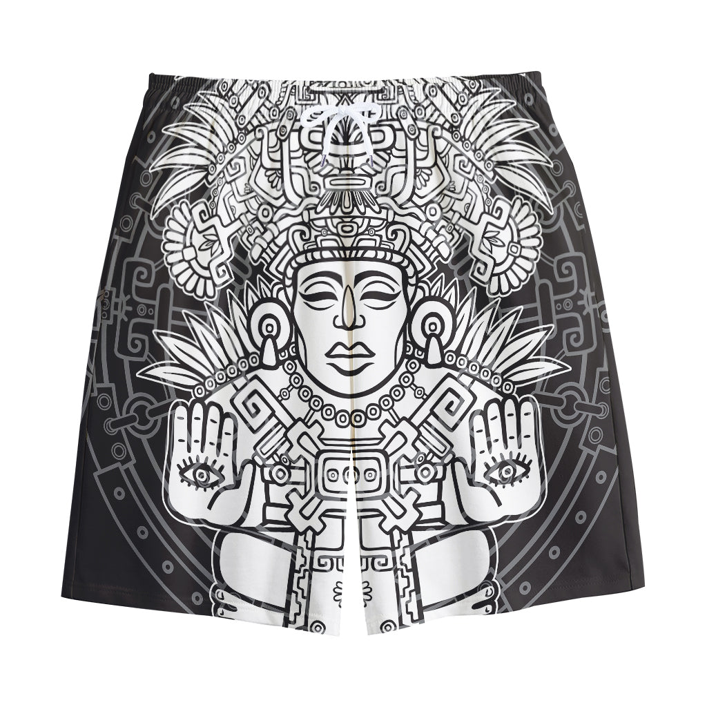 Blue And White Mayan Statue Print Cotton Shorts