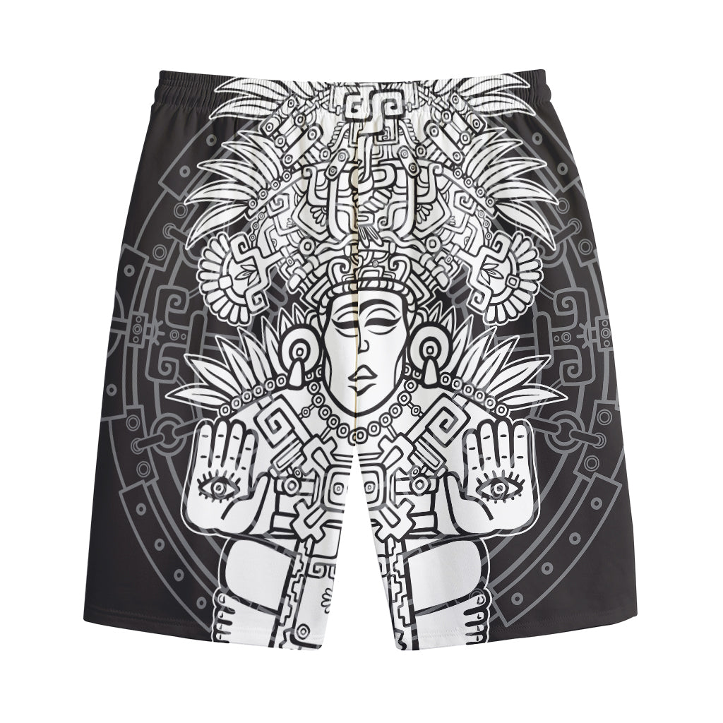Blue And White Mayan Statue Print Cotton Shorts