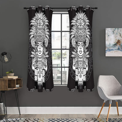 Blue And White Mayan Statue Print Curtain