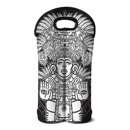 Blue And White Mayan Statue Print Double Neoprene Wine Tote