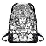 Blue And White Mayan Statue Print Drawstring Backpack