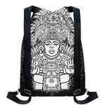 Blue And White Mayan Statue Print Drawstring Backpack
