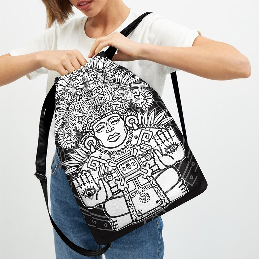 Blue And White Mayan Statue Print Drawstring Backpack