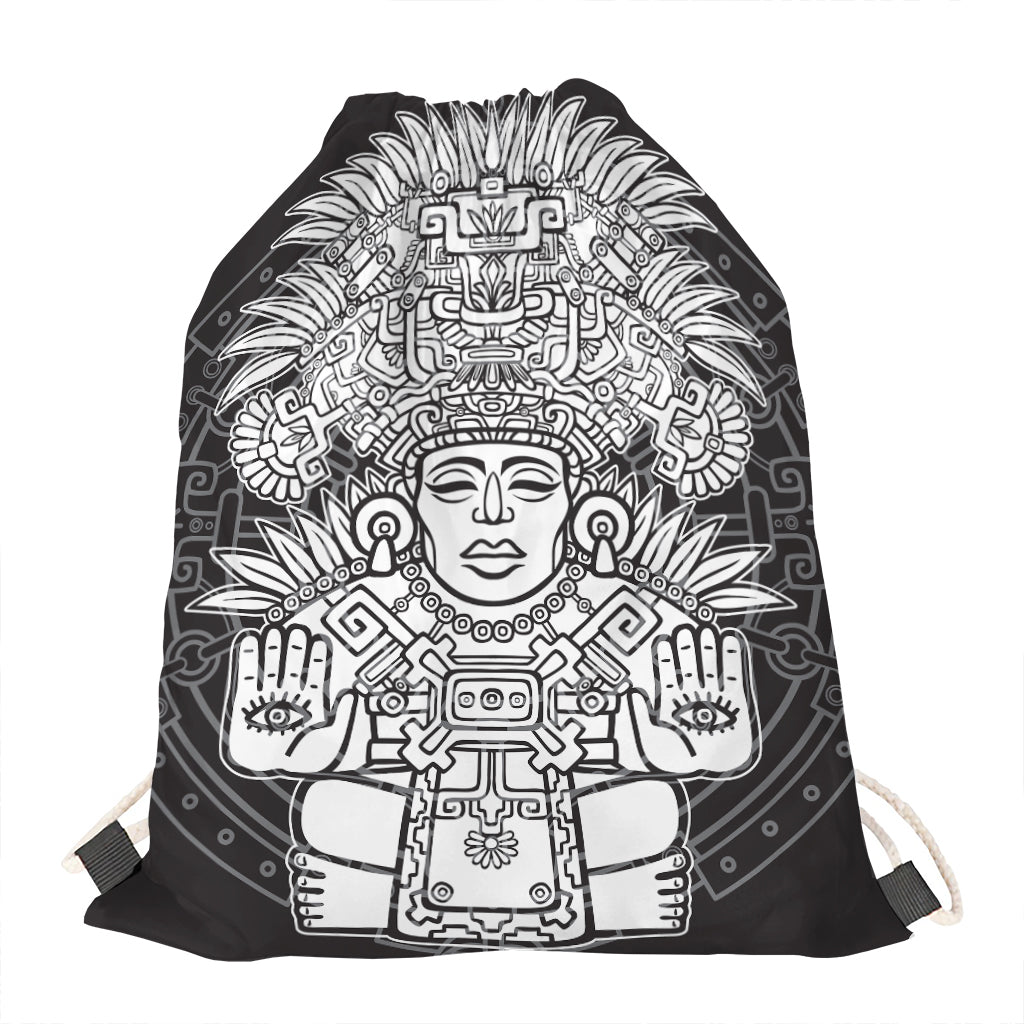 Blue And White Mayan Statue Print Drawstring Bag